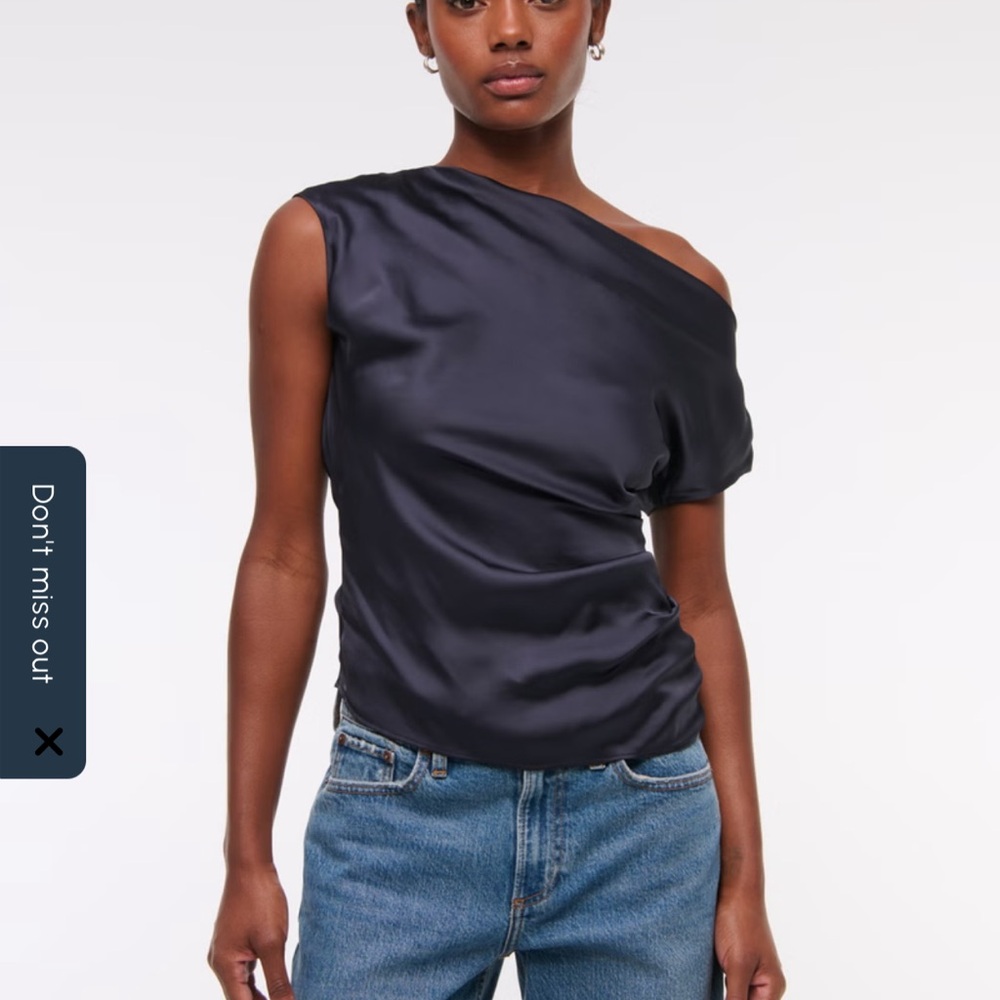 Asymmetrical One-Shoulder Satin Like Silk Like Top Navy Blue XS - Picture 3 of 9
